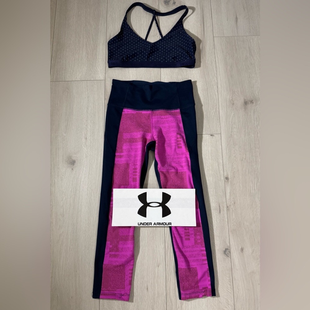 Under Armour Blue & Deep Pink Leggings + White Polka Dot Sports Bra in Navy- XS